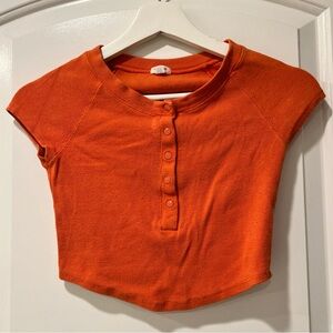 Garage Orange Round Neck Ribbed Short Sleeve 3/4 Button Down Crop Top Size XS